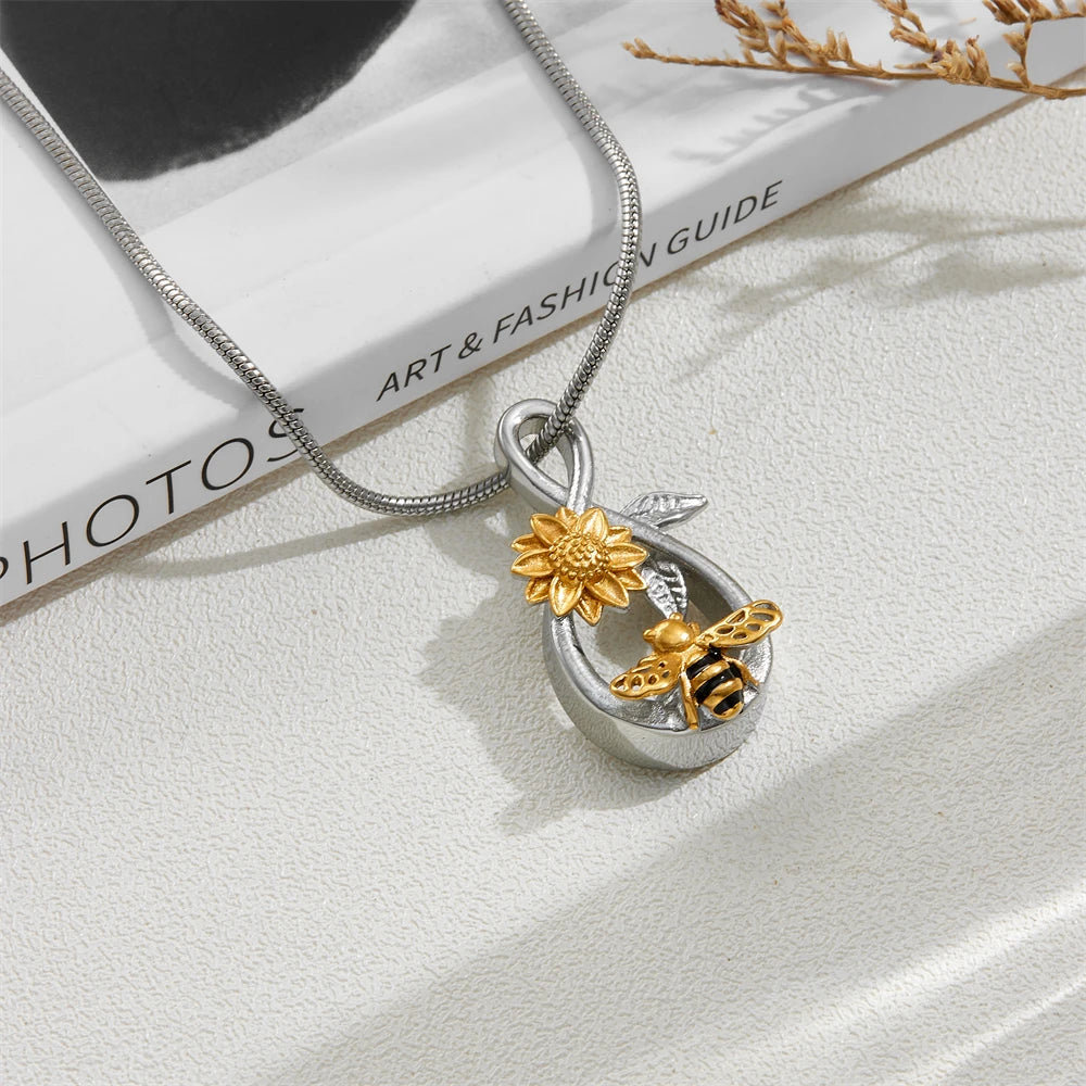 Infinity Symbol Memorial Ash Pendant - Stainless Steel Keepsake for Loved Ones and Pets with Bee and Floral Design